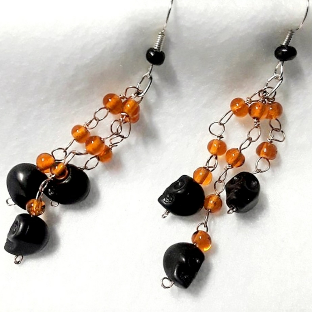 Real Wooden Skull Orange Bead Chandelier Dangle Earrings Silver Plated 7.8cm